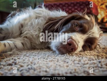 Digitales Ölgemälde eines müden Springer-Spaniel-Hundes, der auf dem Teppichboden liegt und in die Kamera starrt Stockfoto