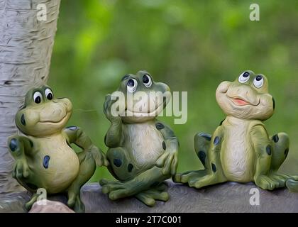 Digitales Ölgemälde von 3 süßen und lustigen Keramikfroschfiguren, die auf einer Vogelbadeschale sitzen Stockfoto