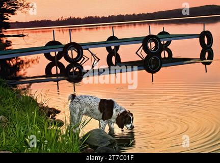 Digitales Ölgemälde eines Springer Spaniel Hundes, der aus dem See trinkt, während der Sonnenuntergang im Chippewa National Forest im Norden von Minnesota näher rückt Stockfoto