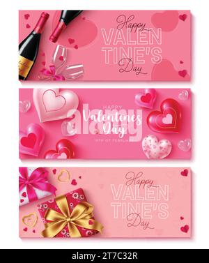 Valentinstag Grußkarte Vektor Set Banner. Text „Happy valentine's Day“ mit romantischen Elementen für Geschenkanhänger und Widmungskollektion. Stock Vektor