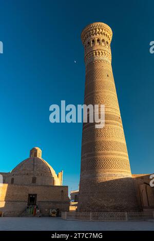 Blick auf die POI Kalon Moschee und Minarett bei Sonnenuntergang in Buchara, Usbekistan. Vertikales Bild mit Kopierraum für Text Stockfoto