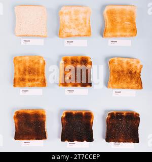 Draufsicht Brotscheiben in verschiedenen Stufen mit weißem Hintergrund Stockfoto