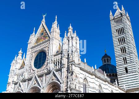 Details zur Fassade der Kathedrale von Siena (Duomo di Siena) und ihrem Turm. Siena. Italien Stockfoto