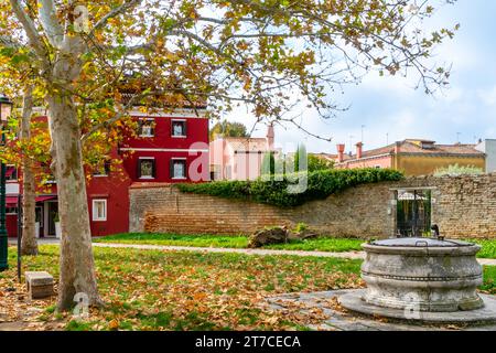 Kleiner öffentlicher Platz mit herabfallenden Blättern von Bäumen im Herbst. Im Hintergrund einige farbige Häuser. Burano, Italien Stockfoto