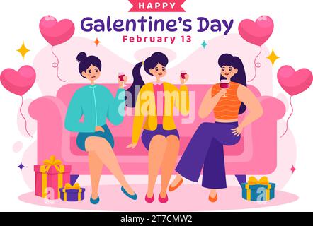 Happy Galentine's Day Vector Illustration am 13. Februar mit feierlicher Frauenfreundschaft für ihre Freiheit in flachem Cartoon Hintergrund Design Stock Vektor