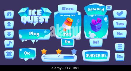Die ui-Tasten des ICE Quest-Spiels sind im Hintergrund isoliert. Vektor-Cartoon-Illustration von blauen gefrorenen Schneerahmen des Quadrats, rechteckige Form, Punktfortschrittsbalken, Spielerpfeile, Belohnungsspeicher, Symbole für Geschenkschachteln Stock Vektor