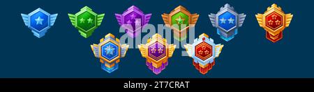 Medaille und Emblem mit Stern, Band und Flügeln für das Design der Spieloberfläche. Zeichentrickvektor Illustration Set von verschiedenen bunten sechseckigen gui mittelalterlichen Award Etiketten und Trophäe für Leistung. Stock Vektor
