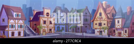 Mittelalterliche deutsche Stadtstraße mit Häusern bei Regen. Cartoon Vektor Stadtlandschaft mit alten, traditionellen Häusern mit Holzfachwerk unter fallenden Regentropfen. Fachwerkgebäude mit Pfützen auf der Straße. Stock Vektor
