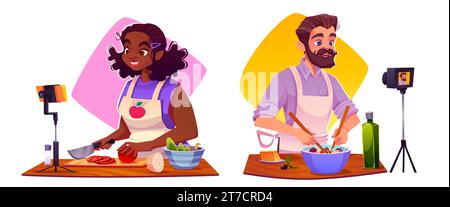 Food Blogger kochen gesunde Lebensmittel auf Kamera isoliert auf weißem Hintergrund. Vektor-Cartoon-Illustration von Amateur Koch Mann und Frau Streaming Küche Video online, Zutaten auf Tisch, Vlog-Inhalt Stock Vektor