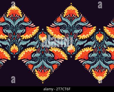 Vektor dekorative nahtlose Borte mit floraler Komposition in Kontrastfarben. Farbenfroher horizontaler Volkskunst-Fries mit Blumen und Stämmen Stock Vektor