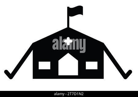 Symbol für medizinisches Militär-Zelt. Schild Field Hospital. Zelt mit einem Flaggensymbol. Flacher STYLE. Stockfoto