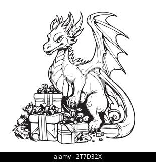 Süßer Drache mit Weihnachtsgeschenkkasten. Symbol des chinesischen Neujahrs 2024. Fantasy-Baby-Drachen-Zeichenkontur für Malbuch. Vektor-Illustration im Cartoon Line Art Stil, Stock Vektor