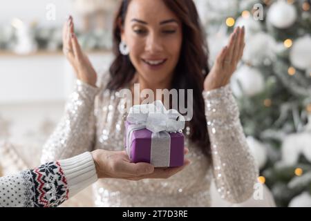 Angenehme Überraschung, als die Frau ihre Augen öffnet, während der Mann ein eingewickeltes Weihnachtsgeschenk vor sich hält. Stockfoto