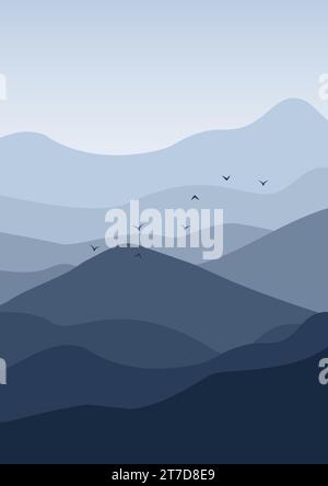 Ästhetische, minimalistische Nebelberge mit Postermotiv für fliegende Vögel Stock Vektor