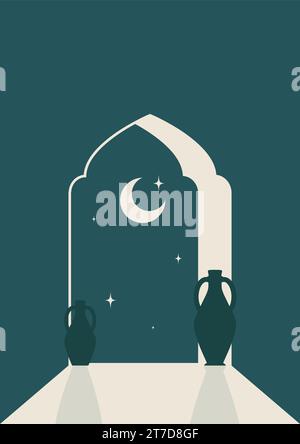 Minimalistisches Boho-Nachtmotiv der Altstadt. Bogenelemente und Poster auf dem Mond. Stock Vektor