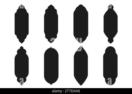 Setzen Sie islamische Bogenrahmen, Fenster- oder Türsilhouette, einfache geometrische Grenze isoliert auf weißem Hintergrund. Moschee-Tor, islamische Arabeske, arabisch-muslimische Bogen. Vektorabbildung Stock Vektor