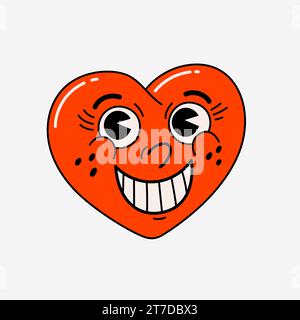 Cartoon-Herzfigur im Retro-Stil. Grooviger Vintage 70er Jahre roter Herzcharakter mit lustigem Gesicht. Stock Vektor