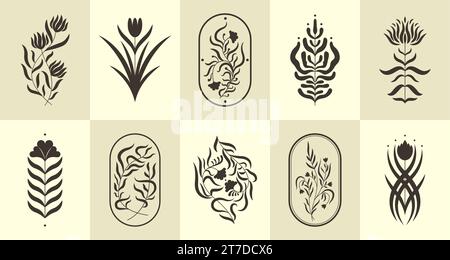 Moderne abstrakte Blumenelemente. Blumen-Doodle Botanies Silhouetten, Natur florale Elemente minimalistische floristische Ikonen. Vektor-isolierte Sammlung Stock Vektor