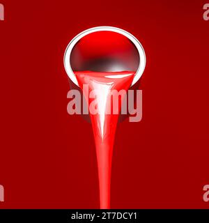 Metalldose, aus der rote Farbe gegossen wird.3D-Rendering Stockfoto