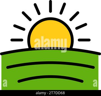 Symbol für Sonnen- und Feldfarbe. Landwirtschaftslandschaft einfaches Schild für mobiles Konzept und Webdesign. Symbol für Sonnenaufgang und Feldvektor. Ackerbau-Symb Stock Vektor