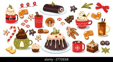 Weihnachtsbonbons und -Getränke. Traditionelles Cartoon-Essen im Winter, eine Tasse heiße Schokolade mit Marshmallows, Weihnachtsstern und stechpalmen-Beeren Stock Vektor