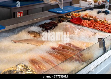 Bergen, Norwegen - 11. Juli 2023: Fisch und Meeresfrüchte auf Eis in einer Fischtheke auf einem Wochenmarkt *** Fisch und Meeresfrüchte auf Eis in einer Fischtheke auf einem Wochenmarkt Credit: Imago/Alamy Live News Stockfoto