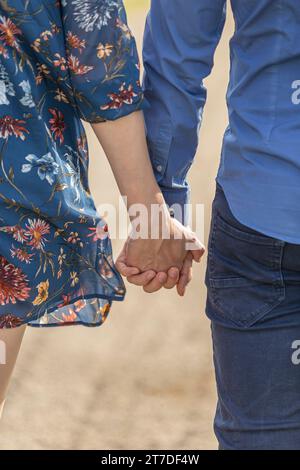 Ein Paar, das Hände hält, im Park spaziert, Nahaufnahme. Stockfoto