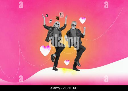 Broschüre Bild Collage von funky älteren Menschen Rocker in Lederkleidung feiern Jahrestag isoliert auf Zeichnung rosa Hintergrund Stockfoto