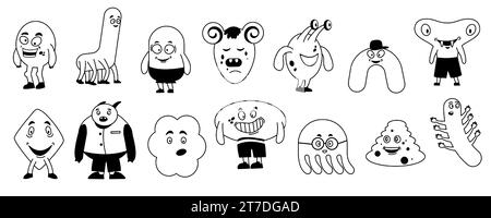 Kritzele Monster. Niedliche Alien-Gestalten, lustige Biestfiguren mit Gesichtern und Zähnen. Bunte Alien-Charaktere-Sammlung des Vektors Stock Vektor
