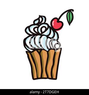 Süße Lebensmittel Vektor skizzenhafte Illustrationen von Desserts. Makronen, Muffins, Pudding, Kuchen mit Obst. Hand gezeichnete bunte Vektorillustration isoliert auf Stock Vektor