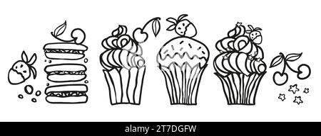 Süße Lebensmittel Vektor skizzierte Illustrationen Sammlung von Desserts. Makronen, Muffins, Pudding, Kuchen mit Obst. Handgezeichneter Schwarzweiß-Vektor Stock Vektor