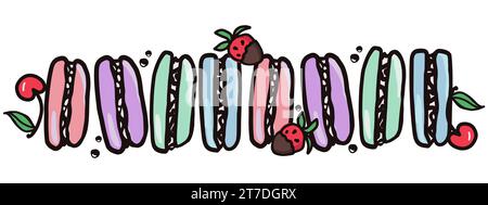 Süße Lebensmittel Vektor Banner skizzierte Illustrationen Sammlung von Desserts. Makronen mit Kirsch- und Erdbeerfrüchten. Handgezeichneter farbenfroher Vektor Stock Vektor