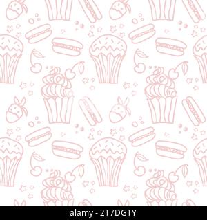 Süßer Kuchen, Pastell, nahtloses Muster mit Desserts. Makronen, Muffins, Pudding, Kuchen mit Kirsch- und Erdbeerfrüchten. Hand gezeichneter Vektorhintergrund für Stock Vektor