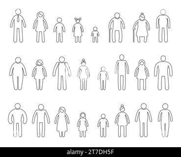 Sticks Symbole für die Personenlinie. Einfache Umrisse menschliche Charaktere mit Händen und Beinen, Familien- und Freundessymbolen. Kritzelpiktogramme Vektorsatz Stock Vektor