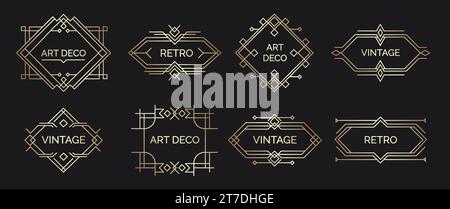 Art-Deco-Etiketten. Geometrische Retro-Formen mit elegantem arabischem Schriftzug und minimalem Vintage-Emblem für luxuriösen Premium-Stempel. Vektor-isolierter Satz Stock Vektor