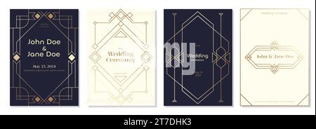 Art déco-Hochzeitseinladung. Dekoratives Retro-Etikett mit geometrischen Formen und Blumenschmuck für die Postkarte mit Hochzeitseinladungen. Vektorsatz Stock Vektor