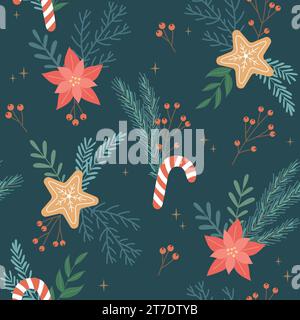 Nahtloses Weihnachtsmuster mit Lebkuchenkeksen und Blumenelementen. Saisonales Winterdesign. Stock Vektor