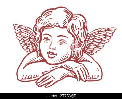 Süßes Baby mit Flügeln. Little Angel im Retro-Stil. Schwarz-weiß-Vektorillustration Stock Vektor