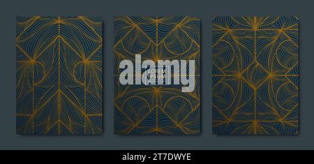 Vektorsatz von Art-Deco-Linien-Covern, Hintergründen, Karten. Luxuriöse Premium-Designvorlagen. Trendiges Poster mit geometrischer Grafik, Broschüre, Verpackung Stock Vektor