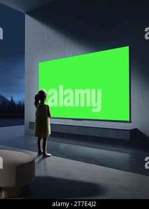 Die Menschen schauen und genießen neben dem Fernseher, Monitor mit grünem Bildschirm Stockfoto