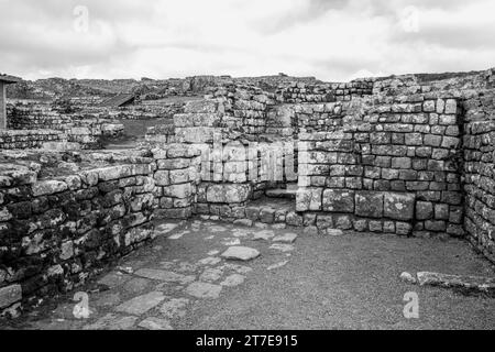 Blick auf die Überreste des römischen Forts Vercovicium (besser bekannt als Housesteads Fort) in Schwarz-weiß. Stockfoto