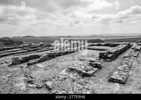 Blick auf die Überreste des römischen Forts Vercovicium (besser bekannt als Housesteads Fort) in Schwarz-weiß. Stockfoto