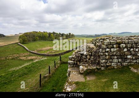 Blick entlang der Hadriansmauer, mit der Ruine einer Festung im Vordergrund Stockfoto