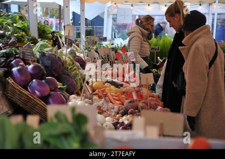 Kopenhagen, Dänemark /15. November. 2023/Käufer auf dem Bauernmarkt oder Obst- und Gemüsehändler in der Torvhallerne in der dänischen Hauptstadt. Torvhallerne. (Photo.Francis Joseph Dean/Dean Pictures) Stockfoto