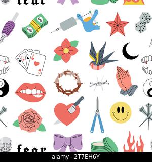 Tattoomuster. Nahtloses Banner für altmodische Tattoos. Schlucken, Rose, Herz, Messer, Anker, Schädel, Hände, Blumen, Schlange. Vektorabbildung. Stock Vektor