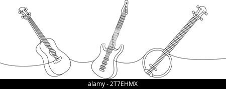 Saiteninstrumente eine Linie durchgehende Zeichnung. Akustikgitarre, E-Bass-Gitarre, amerikanisches Banjo durchgehende einzeilige Illustration. Stock Vektor