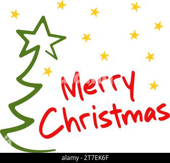Frohe Weihnachtsschrift mit weihnachtsbaum und Sternen Stock Vektor
