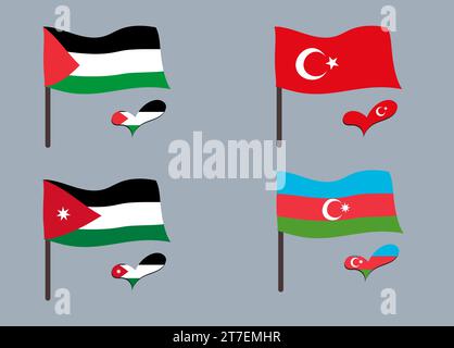 Flaggenset (Türkei, Palästina, Jordanien, Aserbaidschan). Herz in Flaggenfarben. Satz nationaler Symbole. Stock Vektor