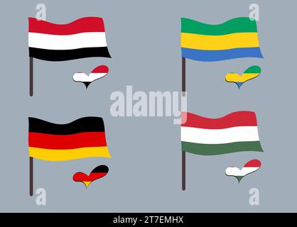 Flaggenset (Ungarn, Gabun, Deutschland, Jemen). Herz in Flaggenfarben. Satz nationaler Symbole Stock Vektor