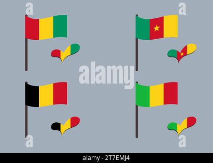 Flaggenset (Belgien, Guinea, Kamerun, Mali). Herz in Flaggenfarben. Satz nationaler Symbole. Stock Vektor